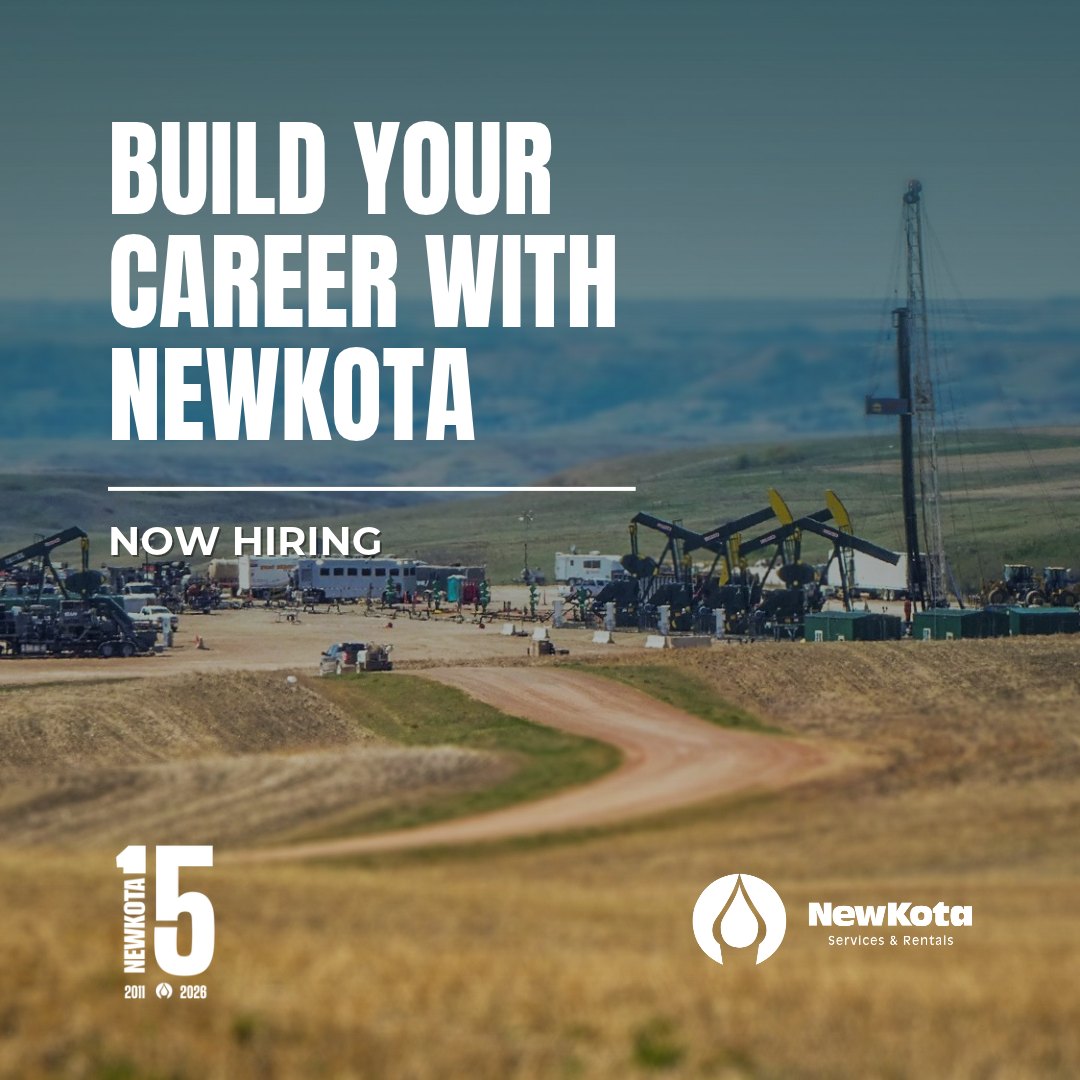NewKota LinkedIn ad: Build your career with NewKota, now hiring, with the NewKota 15-year mark over a Bakken well site